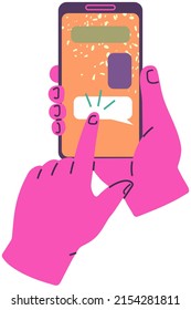 Mensajero abierto, aplicación para comunicación en línea. Aplicación móvil para charlar en la pantalla del teléfono. Manos con smartphone y mensajes de texto en redes sociales. La persona envía un mensaje mediante el programa de Internet