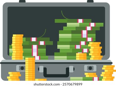 Open metal briefcase overflowing with banknotes and gold coins, representing wealth, abundance, and financial success. Capturing the essence of investment and prosperity in one striking image