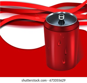 Open metal can, red on the background of red wave lines which drop shadows on white 