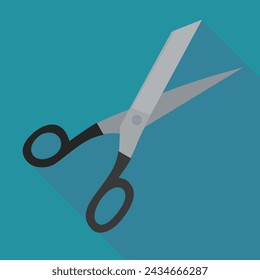 Open metal designer scissors with black handle on a blue background (flat design)