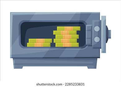 Open Metal Safe or Strongbox with Banknote Stack Inside Vector Illustration