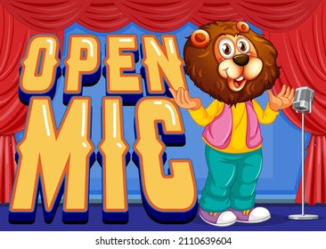Diseño de banner de micrófono abierto con dibujos animados de león representando ilustración de canto