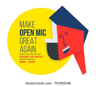 Open Mic Concept for Stand Up Night. Man and Mic Vector illustration.