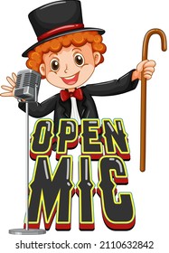 Open Mic Logo Design With Magician Boy Cartoon Character Illustration