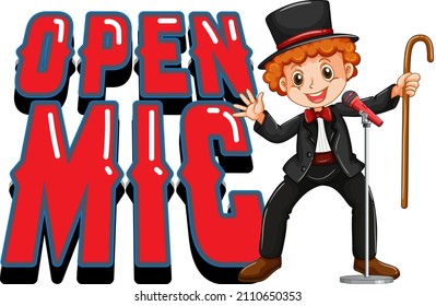 Open Mic Logo Design With Magician Boy Cartoon Character Illustration