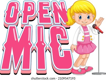 Open mic logo design with singer girl cartoon character illustration