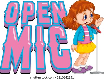 Open Mic Logo Design With Singer Girl Cartoon Character Illustration