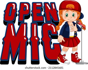 Open Mic Logo Design With Singer Girl Cartoon Character Illustration