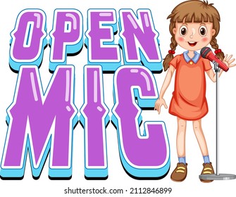 Open Mic Logo Design With Singer Girl Cartoon Character Illustration