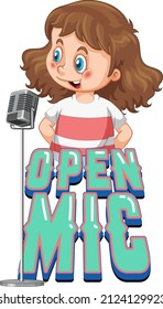 Open Mic Logo Design With Singer Girl Cartoon Character Illustration