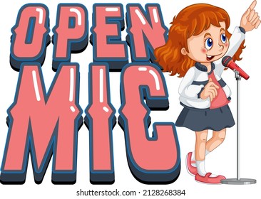 Open Mic Logo Design With Singer Girl Cartoon Character Illustration