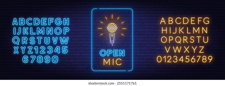 Mic Neon Sign auf Backsteinwand Hintergrund öffnen. Lichtplakat für eine Standdup-Show