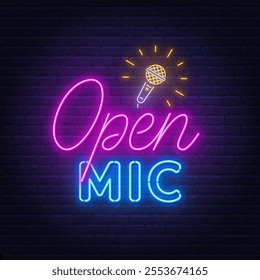 Open Mic Neon Sign on brick wall background. Light logo for a standup show