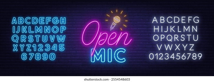 Open Mic Neon Sign on brick wall background. Light logo for a standup show