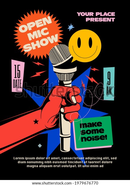 Open\
mic night comedy stand up show poster or flyer or banner design\
template with hand holding opened microphone and bright elements\
composition on black background. Vector\
illustration