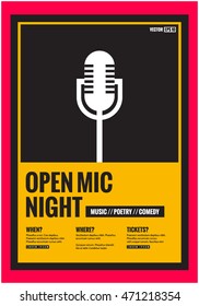 Open Mic Night! (Flat Style Vector Illustration Performance Show Poster Design) With Where, When And Ticket Details