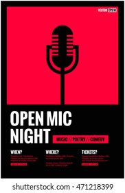 Open Mic Night! (Flat Style Vector Illustration Performance Show Poster Design) with Where, When And Ticket Details