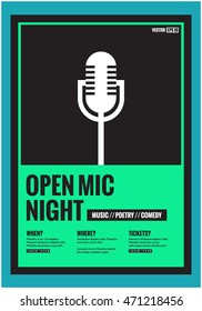 Open Mic Night! (Flat Style Vector Illustration Performance Show Poster Design) with Where, When And Ticket Details