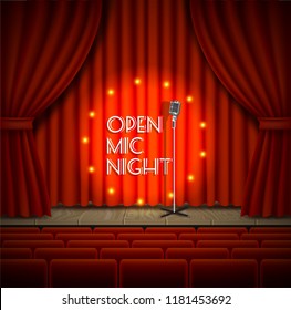 Open mic night live show background. Vector realistic illustration of empty theater stage with red curtains, lights, microphone and chairs for audience.