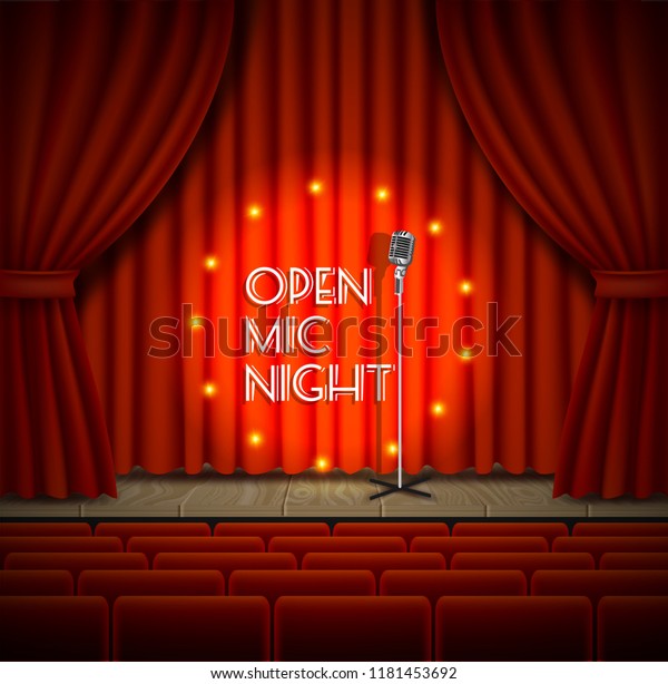 Open mic night live show background.\
Vector realistic illustration of empty theater stage with red\
curtains, lights, microphone and chairs for\
audience.