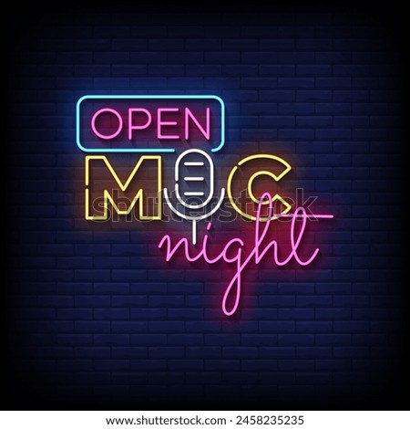 open mic night neon Sign on brick wall background vector