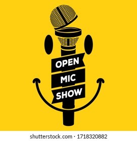 Open mic night party show banner concept with smile emoji and opened microphone silhouette at the middle on yellow background. Poster for stand up comedy show. Vector illustration