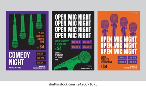 Open mic night poster, stand up comedy show poster or flyer or banner design, flyer template with microphone and bright elements, three set of posters composition on grey background. Vector