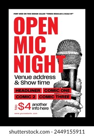 Open mic night or stand up comedy show poster or flyer or banner design template with hand holding opened microphone on white background. Vector illustration