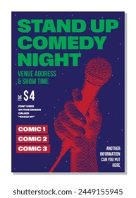 Open mic night or stand up comedy show poster or flyer or banner design template with hand holding opened microphone on navy background. Vector illustration