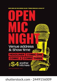 Open mic night or stand up comedy show poster or flyer or banner design template with hand holding opened microphone on black background. Vector illustration