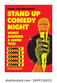 Open mic night or stand up comedy show poster or flyer or banner design template with hand holding opened microphone on red background. Vector illustration