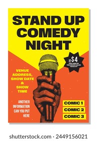 Open mic night or stand up comedy show poster or flyer or banner design template with hand holding opened microphone on orange and yellow background. Vector illustration