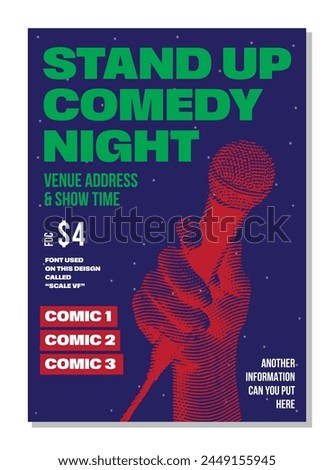 Open mic night or stand up comedy show poster or flyer or banner design template with hand holding opened microphone on navy background. Vector illustration