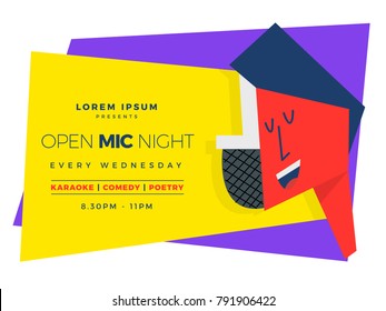 Open Mic Night Template For Karaoke / Poetry / Stand-up Comedy. Man And Mic. Vector Illustration.