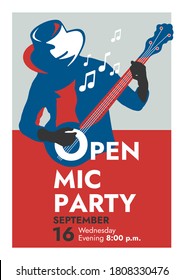 "Open Mic Party" retro poster. Silhouette of a man in a cowboy hat plays the banjo or guitar. Vector poster template for music evening.