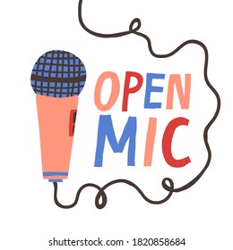 Open Mic sign and microphone isolated on white background. Fun flat style drawing. Stand-up party live event poster. Comedy or poetry show flyer design. Colorful hand drawn vector illustration