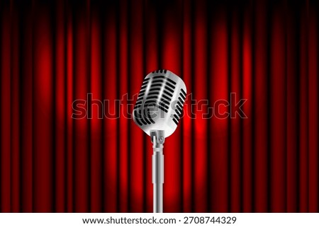 Open Mic Sign on Empty Theater Stage with Spotlight. Karaoke Party Night Live Show. Vintage Microphone Against Red Curtain Backdrop