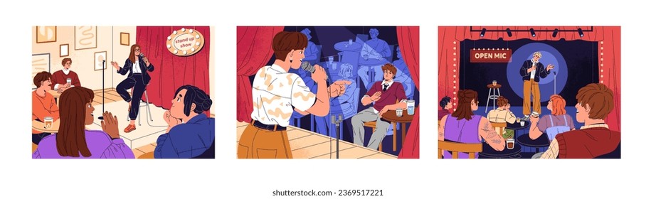 Open mic, stand up show set. Comedian with microphone jokes on stage. Standup comic tell humor speech on scene, performance. Happy audience, crowd laugh. Comedy entertainment. Flat vector illustration