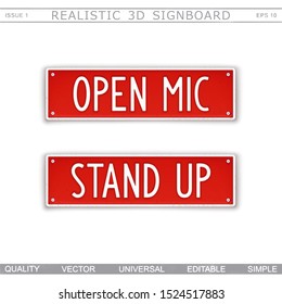 Open mic. Stand up. Design signboard in style car number plates. Vector template