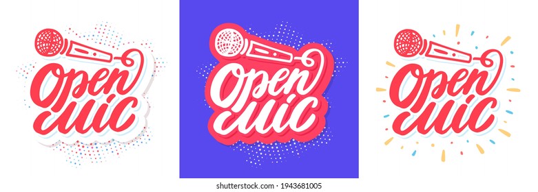 Open mic. Vector lettering banners set. 