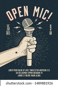 Open Microphone event party session poster flyer template. Vintage styled vector illustration.