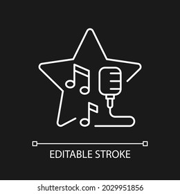 Open microphone shows white linear icon for dark theme. Stand up comedy. Music competition. Thin line customizable illustration. Isolated vector contour symbol for night mode. Editable stroke