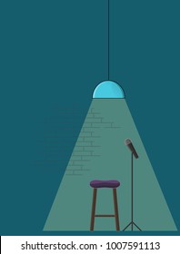 Open microphone standup comedy poster template. Line art style illustration with microphone, standup stool and trendy bar lamp.