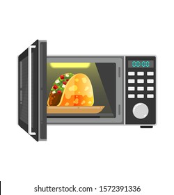 open microwell with delicious hot tacos inside. Hot food in the microwave. Open microflow door. Microwave oven icon. Simple illustration of microwave oven vector icon for web design isolated on white 