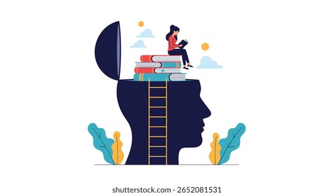 Open mind with books learning knowledge personal growth brain illustration