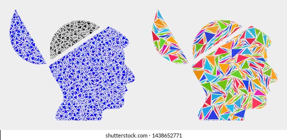 Open mind collage icon of triangle items which have different sizes and shapes and colors. Geometric abstract vector illustration of open mind.