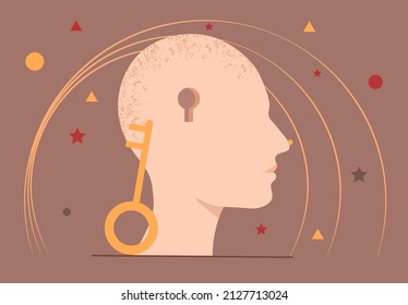 Open mind concept. Abstract head silhouette and key. Search for yourself, answers to internal questions and confusion. Mental peace, health care, psychology. Cartoon flat vector illustration