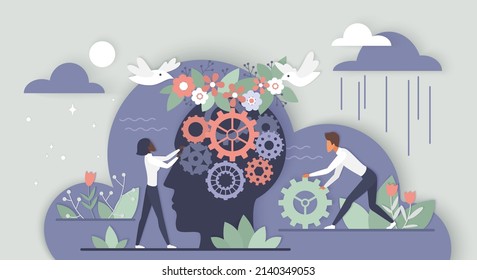 Open mind, control behavior and care about thoughts and emotions. Tiny people experts working with human brain of abstract head in stress feelings flat vector illustration. Psychology, therapy concept