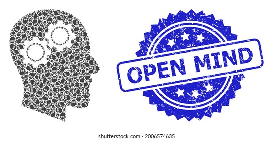 Open Mind corroded stamp seal and vector recursion composition head gears. Blue stamp seal includes Open Mind caption inside rosette.