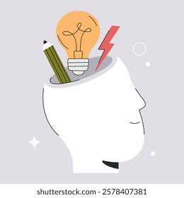 Open mind finding creative ideas or learning concept, brainstorm for business. Happy smiling person with light bulb in brain. Human head silhouette, vector illustration isolated on abstract background